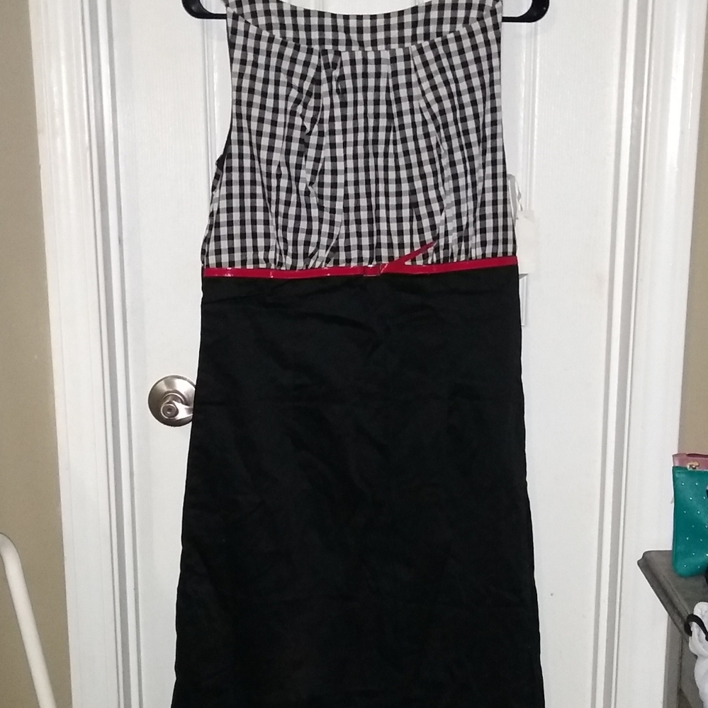 Black and White Checkered Dress with Red Belt